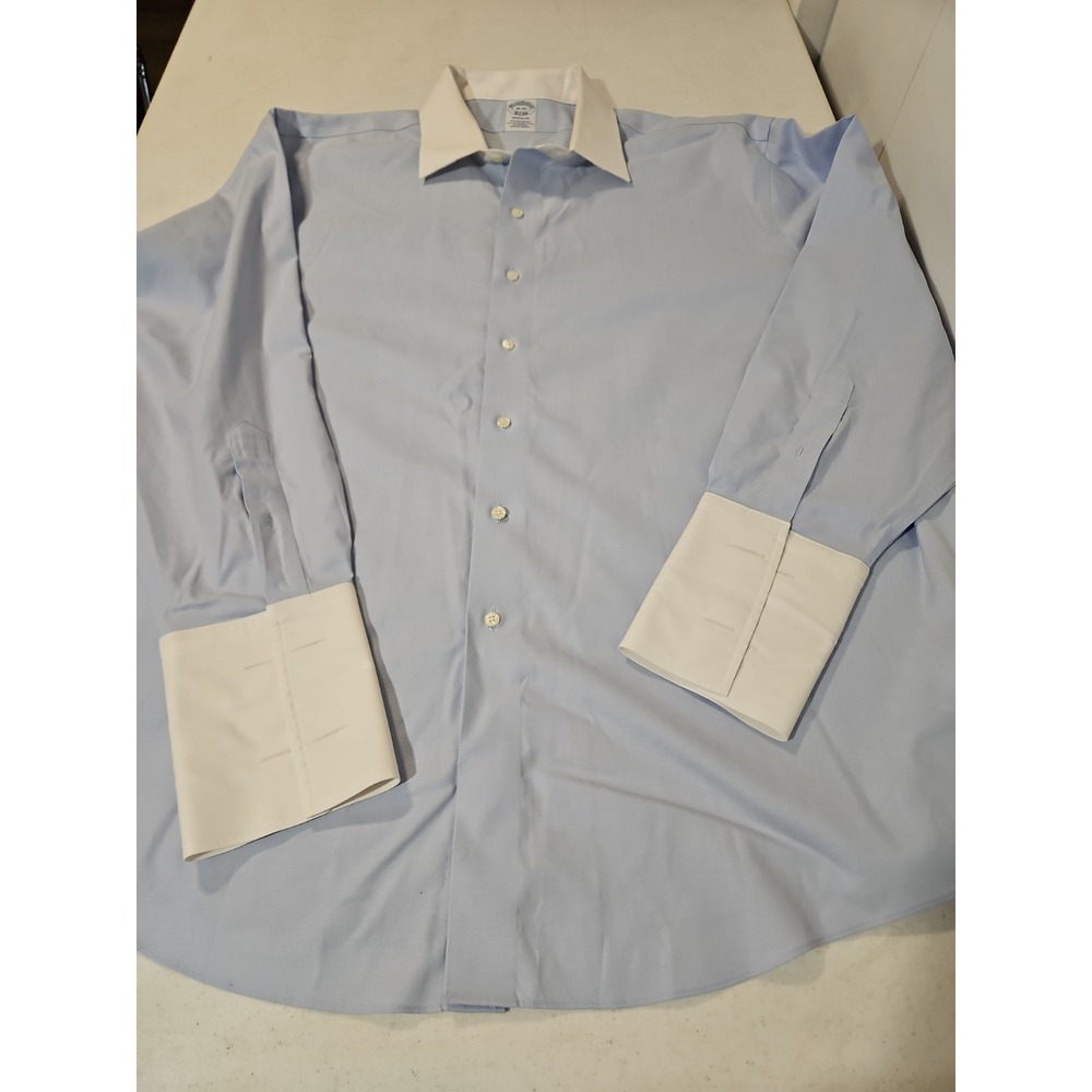 Brooks Brothers Dress Shirt Men 18/35 Blue 346 Contrast Collar French Cuff(1986